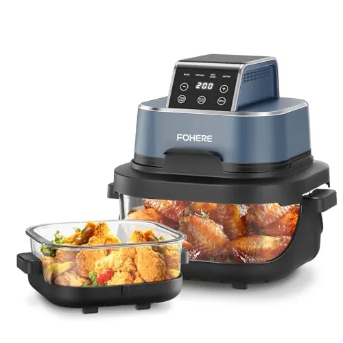 FOHERE Freidora de Aire Portátil, 4L, 4-en-1, 2 Recipientes Vidrio, Azul | 4L &1.5L, 6 porciones, programas: Air Fry, Bake, Recrisp, Max Crisp, apto lavavajillas, portátil, Camping Oficina, 1500W