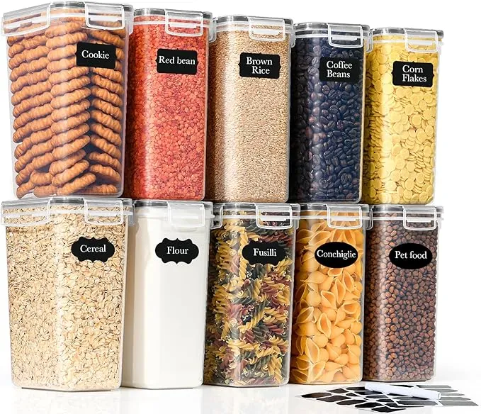 GoMaihe - Juego de 10 tarros de 2 litros: tarros herméticos con tapa para almacenar alimentos | cajas de cocina para pasta y azúcar | Sin BPA | Apto para lavavajillas | Incluye etiquetas y marcadores