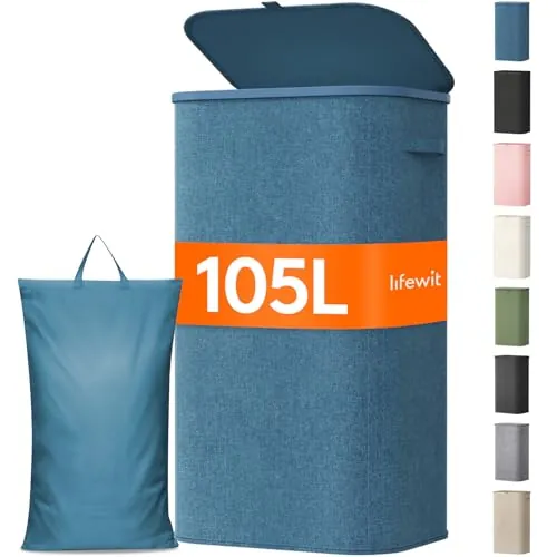 Lifewit Cesto Ropa Sucia, Cesta Ropa Plegable con Bolsa Extraíble y Asa, Cubo Ropa Sucia con Tapa, Laundry Basket para Dormitorio, Baño, Lavandería, Dormitorio, 105 L, Azul