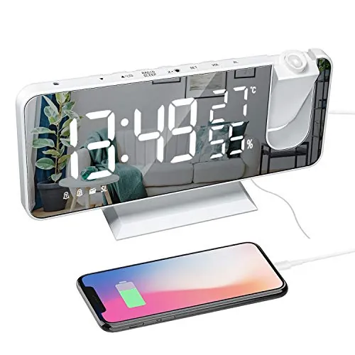 ThreeH Proyección Despertador con Cargador USB Proyector Giratorio 180 ° Despertador con Radio FM Pantalla de Espejo de 7.4 '' 2 Sonidos 4 Atenuador Blanco