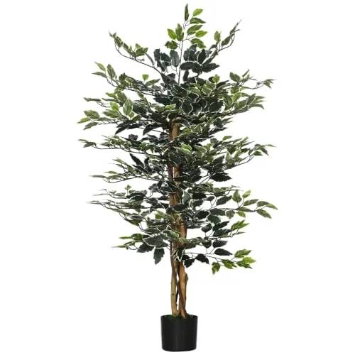 HOMCOM Ficus Artificial con Troncos 130 cm con Macetas Ø15x130 cm Verde | Planta Artificial, 702 Hojas Realistas, Decoración Hogar Salón Dormitorio