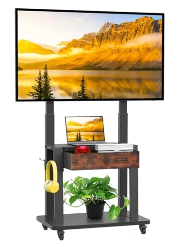 Soporte de TV enrollable con cajón de tela para pantallas planas/curvas de 32 a 75 Pulgadas, altura ajustable, LCD/LED/OLED con espacio de almacenamiento, carrito de TV móvil con ruedas de hasta 100kg