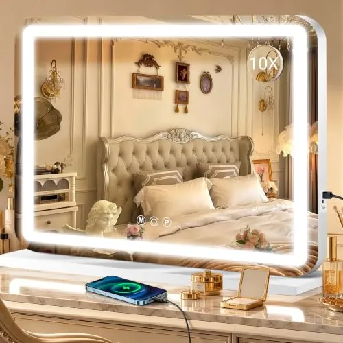 Ratsamee Espejo Maquillaje con Luz, Espejo Tocador 3 Modos de Luz, Intensidad Ajustable, Control Táctil, Accesorio de Aumento Incluido, 80 x 60cm, Blanco