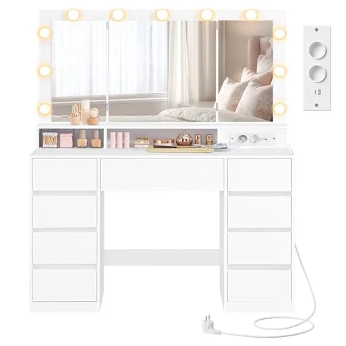 VASAGLE Kailyn Colección - Tocador con 3 Espejos Plegables, 11 Bombillas, Regleta, 9 Cajones, 3 Colores de Luz, Mesa de Maquillaje, Instalación de Rieles sin Herramientas, Blanco Nube RDT146WB01
