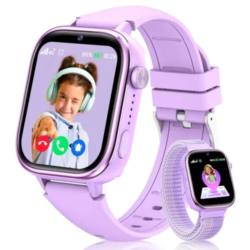 Reloj Inteligente Niño con Videollamada, 4G Smartwatch Niño con GPS y Llamadas, SOS, Chat de Voz, Modo Escuela, Podómetro, Despertador, Monitor de Sueño IP68 Impermeable Regalo para Niños Niñas Morado