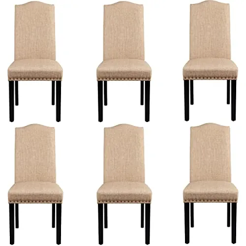 Yaheetech 6pcs Sillas de Comedor Tapizadas en Tela Silla con Respaldo Khaki | Silla para Comedor con Respaldo, Silla Tapizada de Tela, Pata Madera, Pack de Sillas para Restaurante, Sillon