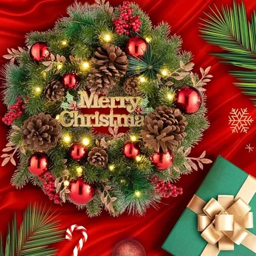 Avoalre Corona Navidad 40 cm con 40 LED para Puerta, Pared y Ventana | 8 Modos con Memoria y Temporizador, Adorno de Guirnalda de Navidad con Bolas de Dorada Rojo y Verde, IP44 Impermeable