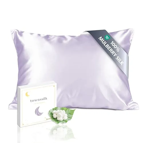 TOWNSSILK - Funda de Almohada 100% de Seda de Morera, cuida el Cabello y la Piel, Ambos Lados de Seda de 19 Momme, 1 Unidad,Lavender， 50 x 75 cm