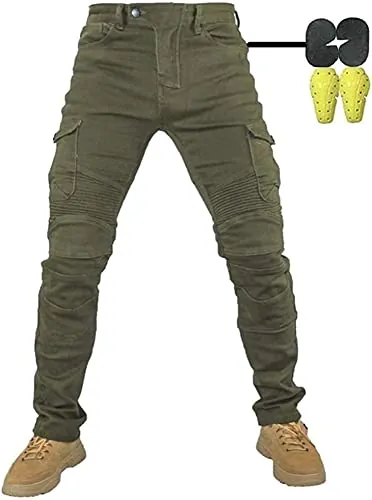 Hombres Pantalones De Motociclismo para Pantalones De Carreras De Motocross con Pantalones Anti Caída,Jeans de Moto, 4 x Equipo de protección (M = 30W / 31L, Ejercito Verde)