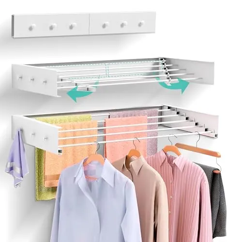 JUPPLIES - Tendedero Pared Plegable Retractil 100cm con Perchero Lateral - Tendederos Plegables de Pared para Interior o Exterior - Diseño Compacto de 30 kg de Capacidad - (100cm, Blanco)