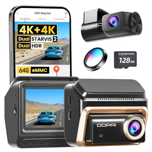 DDPAI Z90 Master Dashcam Dual 4K+4K, Dual STARVIS 2 HDR (2X IMX678), 64GB eMMC, CPL Incluido, Noche+Anti-Parpadeo, Autopista 3K/60fps, GPS/ADAS, WLAN, 4G LTE, Vigilancia de estacionamiento 24h
