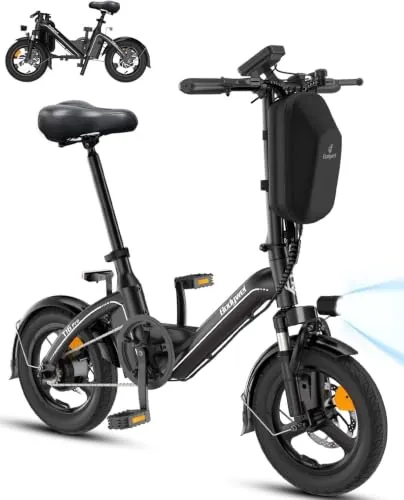 Bodywel T16PRO Bicicleta Eléctrica Plegable, 14" Mini E-Bike, 4.5 Pulgadas Pantalla LED, Batería 36V/10Ah, Frenos de Doble Disco y Suspensión Delantera（Negro Sin Portaequipajes Trasero）