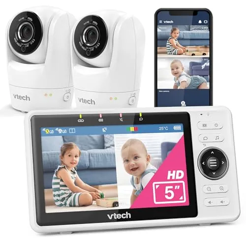 VTech vigilabebés inteligente wifi con 2 cámaras con cámara FHD de 1080p, pantalla IPS HD de 5", vídeo en movimiento, detección de sonido/movimiento, sensor de temperatura, pantalla dividida: VM901-2W