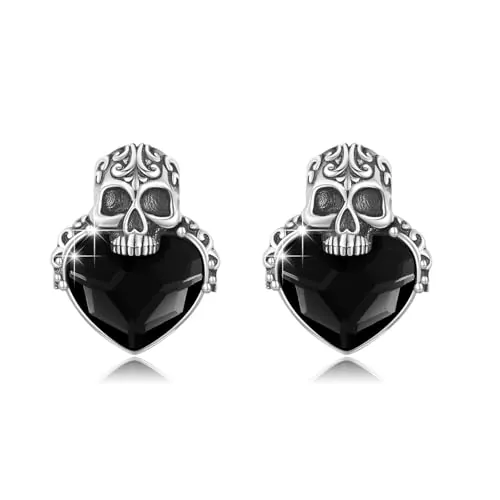 PARYFO Pendientes góticos de calavera de plata de ley con azul/rojo/blanco/rosa/negro cristal cráneo pendientes góticos joyas regalos para hombres mujeres niñas, 10mm, Plata de ley, Ónix