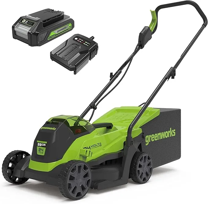 Greenworks Cortacésped de batería GD24LM33K2 (Li-Ion 24V 33cm ancho corte hasta 280m² 30L recogedor de hierba 5 veces ajuste altura corte central 25-75mm Incluye batería de 2Ah y cargador)