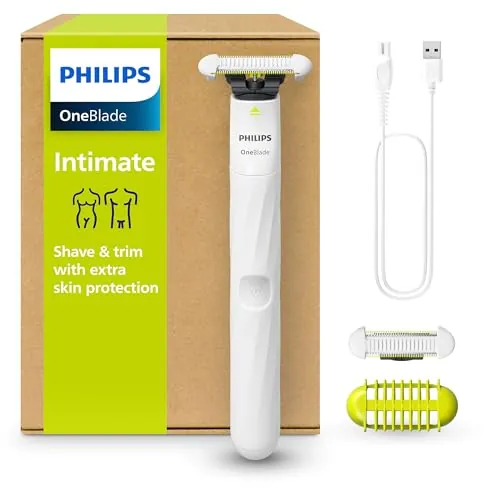 Philips OneBlade Intimate, diseñada para el cuidado púbico, Recorta y afeita con protección extra para la piel, modelo QP1924/30