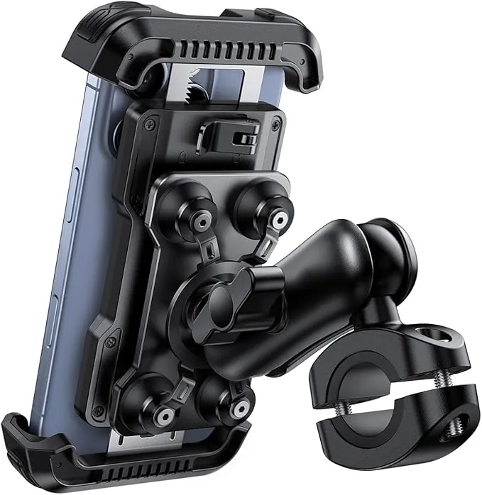 Lamicall Soporte Móvil Moto - [Doble Antivibración] Brazo Extensible Metálico, Soporte Móvil Bicicleta Antirrobo, 2 x 360° Giratorio Soporte de Manillar, para iPhone 17 16 15 y Smartphone de 4,7-6,8"