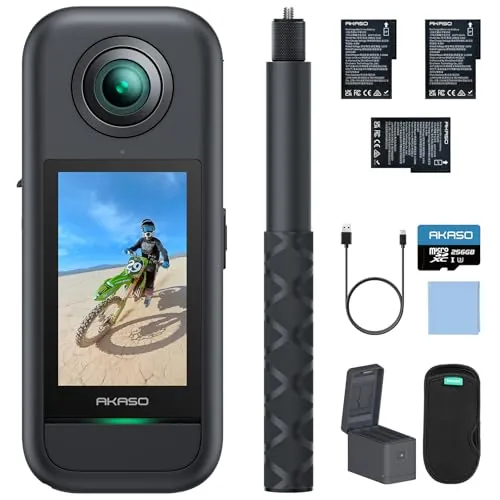 AKASO 360 Cámara de acción 360 Kit de Creadores, con 256GB Tarjeta de Memoria Sensor de 1/2", 5.7K 360, Fotos 72MP, Pantalla táctil de 2.29", Cámara Deportiva 360, Palo Selfie Invisible
