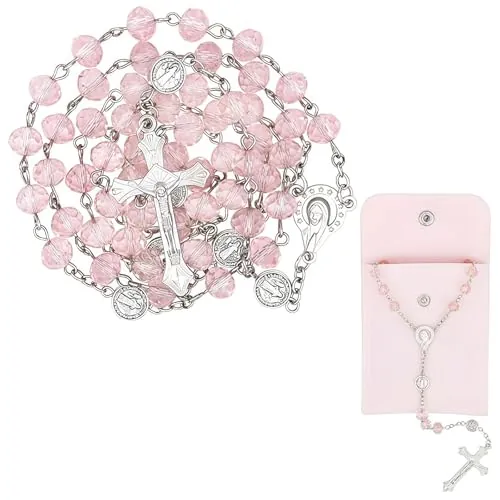 TESGADGETS Rosa Rosario para Mujeres – Rosario Católico con Cruz, Collar de Rosario de Cristal Rosa con Bolsa de Terciopelo, Regalo Religioso para Mujeres