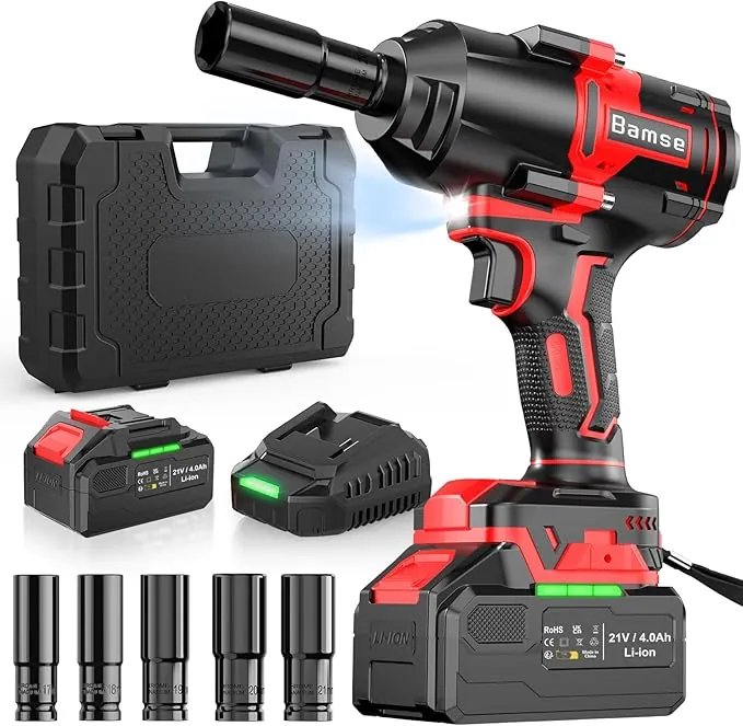 Bamse Llave de Impacto Inalámbrica sin Escobillas 1000 Nm, 1/2" Llave de Impacto Eléctrica con Batería 4000 mAh, Destornillador de Impacto 5 Casquillos incluidos Potencia y Facilidad para casa/coche