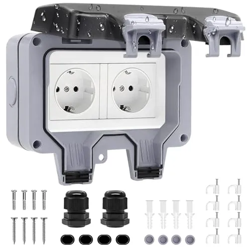 Enchufe Estanco, Toma de Corriente Exterior IP66, Pared Enchufe Impermeable con Conector de Cable y Tapa Abatible, Doble Enchufes Estancos para Jardín, Piscina, Cocina, Baño y Garaje