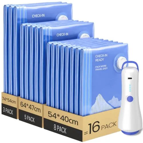 Raplink Bolsas de Vacío Ropa con Bomba de Vacío Eléctrica Inalámbrica, que contienen 16 Bolsas de vacío (3 * 74 x 54 cm, 5 * 64 x 47 cm, 8 * 50 x 40 cm),Adecuadas Para viajes,Mudanzas y Almacenamiento