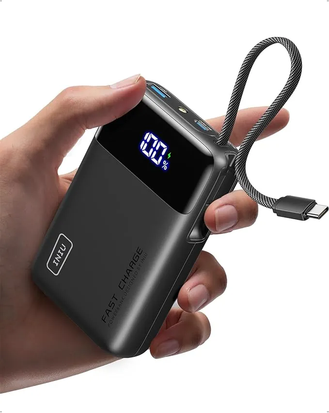 INIU Pequeño Power Bank, 45W Carga Rapida 20000mAh Batería Externa con Cable USB-C Integrado, Apto para Avión, Esenciales de Viaje, Bateria Portatil Movil para iPhone 17 16, iPad, Samsung, Xiaomi etc