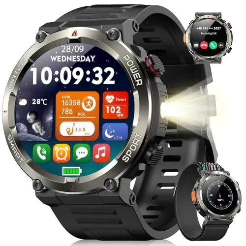 Blackview Reloj Inteligente Hombre con Linterna y Brújula, 1,45" Smartwatch con Llamadas Bluetooth, Pulsómetro, Oxímetro, Monitor de Sueño, Podómetro, 100+ Modos Deportivos, Batería Grande de 960 mAh