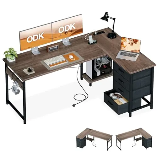 ODK Escritorio Esquinero con 4 Cajones de Tela, 155x110cm, Roble Gris
