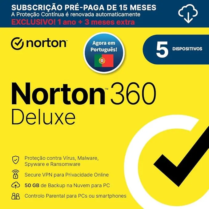 Norton 360 Deluxe 2025|Antivírus 5 Dispositivos| 15 meses com renovação automática| Descarga digital