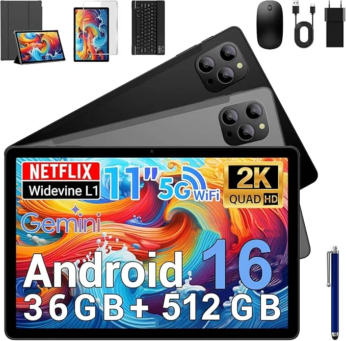 Android 16 Tablet 11 Pulgadas - Gemini Ai,Tableta Gaming Octa-Core T615,36GB RAM+ 512GB ROM,Widevine L1,Netflix 1080P,1920 * 1200 FHD,8000 mAh,Cámara 16MP+8MP, GPS,Tablet con Teclado,Nero