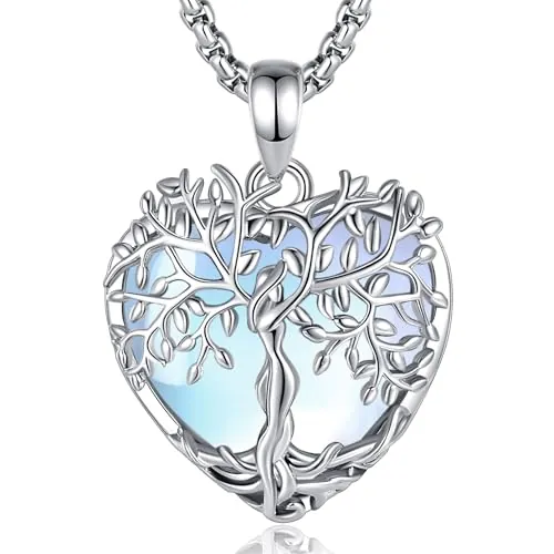 AEONSLOVE Collar Arbol de la Vida Piedra de Luna Colgante Árbol de la Vida Mujer Corazon Colgante Piedra Lunar Natural El Arbol de la Vida Collar de Cristal Collares Piedras Naturales Protectoras