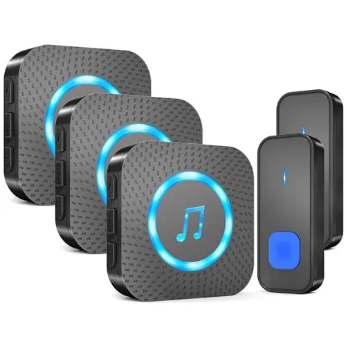 AIMAX Timbre inalámbrico con 2 transmisores y 3 receptores, Gran alcance de 400 m, IP55 impermeable, 55 tonos de llamada, 5 niveles de volumen con flash LED, Instalación inalámbrica, Negro