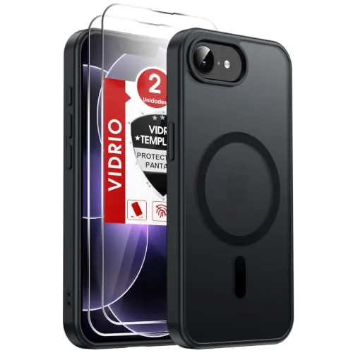LeYi Funda Magnética para iPhone 17E/16E con 2× Cristal Templado-Negro | Compatible con MagSafe Mate Carcasa Translúcido Esmerilado Grado Militar Antigolpes Case Para iphon i phone16 E/17 E