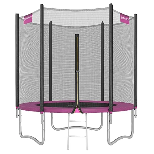 SONGMICS Cama Elástica, 183 cm, Trampolín para Niños con Red, Cojín de Seguridad, Escalera, Mástil Recto de 180 cm de Altura, Marco de Acero, Rosa STR061P01V1