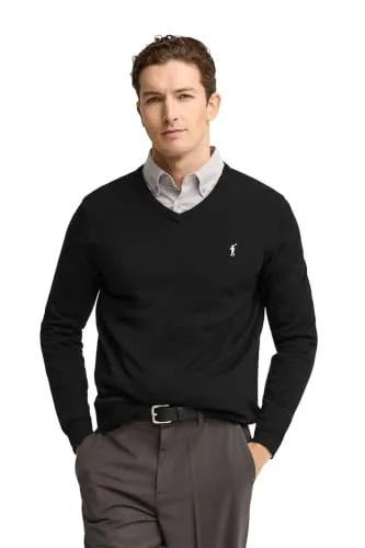 Polo Club Jersey Básico de Cuello Pico Negro para Hombre - Suéter Manga Larga 100% Algodón con Logo Bordado