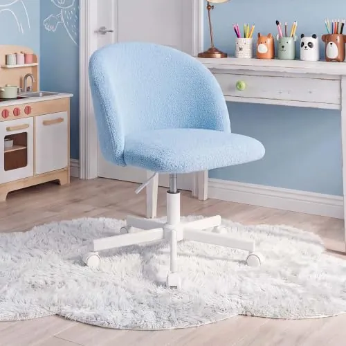 duehome Silla de Escritorio Candy, Tapizada, Ergonómica, Altura Regulable | Oficina y Estudio, Azul Claro, Efecto Borreguito, Teletrabajo, Tocador, Dormitorio Juvenil, 45,5 x 47 x 76-89,5 cm