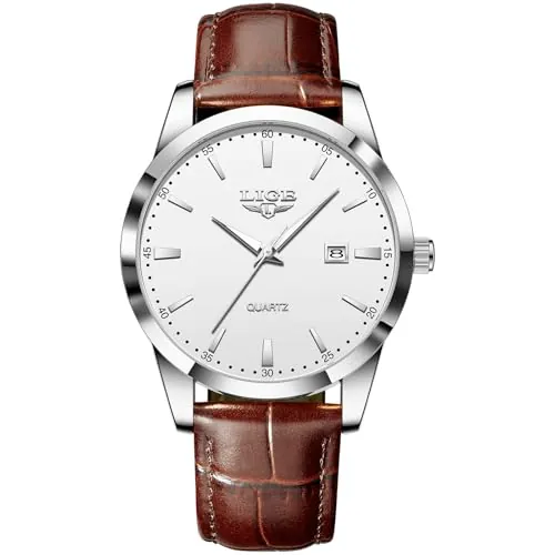 LIGE Reloj Hombr Analógico Elegante Vintage Caballero Relojes Clásico Cuero Movimiento de Cuarzo Japonés Agujas Luminosas Men Watch Resistente Al Agua Mens Watches con Fecha,Plata Blanco