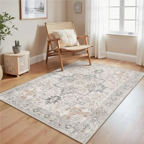 GENIMO Alfombra Salon Vintage Alfombras de Área Lavables en Máquina, Alfombras con Base Antideslizante, Alfombra de Dormitorio de Pelo Corto para Cocina, Comedor, Marrón Claro Taupe, 120X170CM
