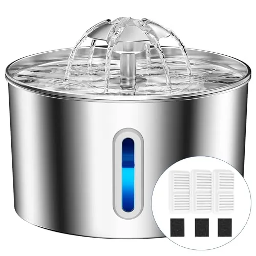 BalimoPet Fuente para Gatos Acero Inoxidable, 2,2L Bebedero Gatos con Cable Filtración Cuádruple, Ultra Silencioso, Fácil de Limpiar, con LED 3 Filtros y 3 Esponjas