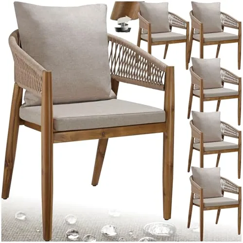 tectake® Silla de Jardín Elegante de Madera Acacia, Respaldo de Cuerda, Sillas Jardin Exterior, Cojines Desmontables, Muebles Terraza Exterior, Silla con Reposabrazos Cómoda - Set de 6 Arena