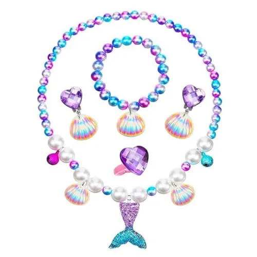 SIRLOMU Juego de Joyas para Niñas y Niños, Conjunto de Perlas de Concha Marina, Juego de Sirena, Collar Niña, Pulsera, Anillo Niña, Pendientes, Regalos de Cumpleaños para Niñas, Sirenita