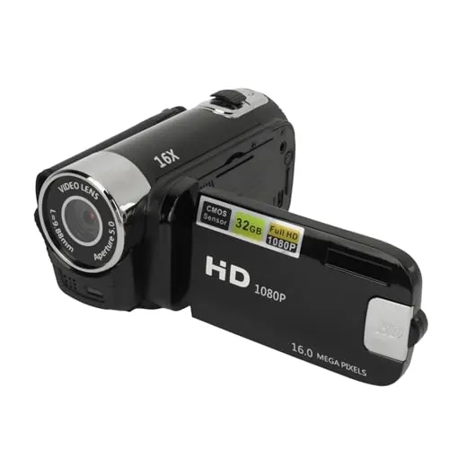 Akozon Cámara de Vídeo Digital, 1080p 16mp Cámara Digital 2,4 Pulgadas Pantalla Giratoria Videocámara 16x Zoom HD Grabadora de Vídeo con Luz de Relleno (Black)