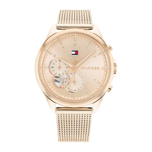 Tommy Hilfiger Reloj Analógico de Cuarzo Multifunción para Mujer con Correa de Malla de Acero Inoxidable de Oro Rosa - 1782486