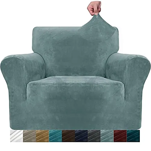 MAXIJIN Funda Gruesa Aterciopelada para Sillón, Super Elástica Antideslizante, 1 Plaza, Amigable con Mascotas, Protector 1 Pieza con Brazos (1 Plaza, Azul Polvoriento)