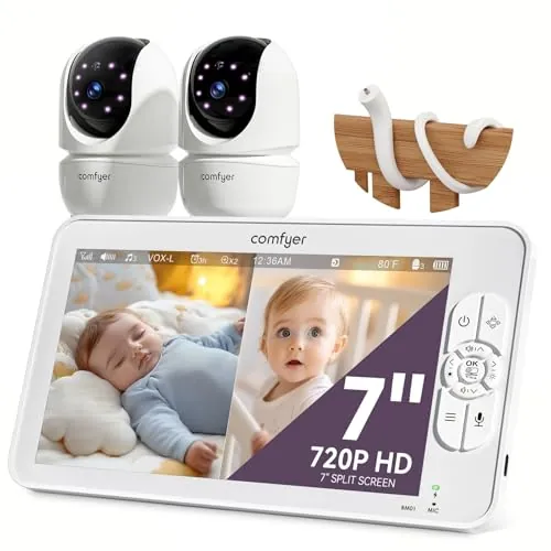 Comfyer Vigilabebés con 2x Cámara, 6000mAh Camara Vigilancia Bebe Inteligente con Pantalla LCD de 7", VOX, Zoom 2X 4X, Visión Nocturna, Monitoreo de Temperatura, Despertador, Comunicación Bidirecciona