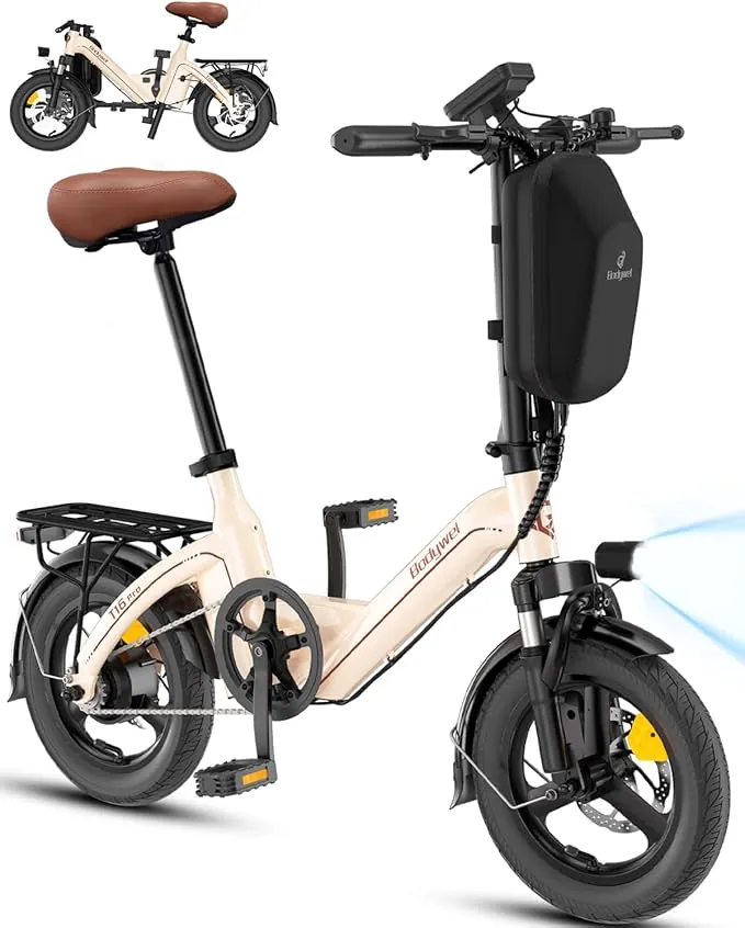 Bodywel T16PRO Bicicleta Eléctrica Plegable, 14" Mini E-Bike, 4.5 Pulgadas Pantalla LED, Batería 36V/10Ah, Frenos de Doble Disco y Suspensión Delantera