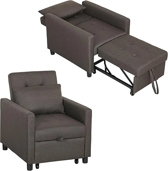 HOMCOM Sofá Cama de 1 Plaza 3 en 1, Sillón Cama Tapizado en Lino, con Respaldo Ajustable de 3 Niveles, Almohada Acolchada, para Oficina, Dormitorio, Salón, 69x82,5x84 cm, Marrón Oscuro