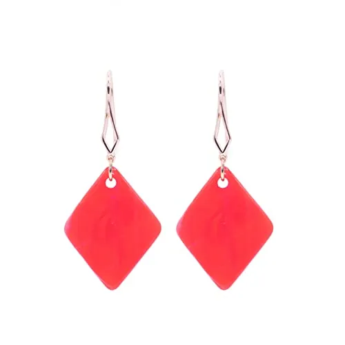 ZARZAMORA Pendientes Resina y Gancho Chapado en Oro de 24 quilates - Colgantes Mujer en Forma de Rombo Colores Intensos y Festivos - Regalo Original (Rojo)
