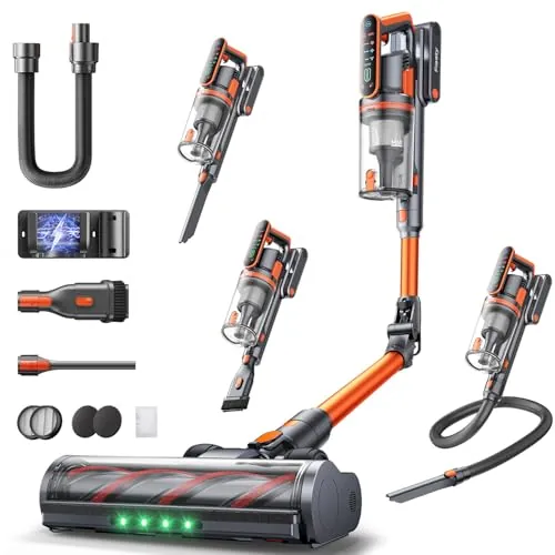 Fieety Aspiradora sin Cable 50KPa/600W/65Min(ECO), Aspiradora Escoba Potente con Brazo Flexible, Manguera 1M, Cepillo Anti-Enredo con Luz, Modo Auto, Aromática, Carga Pared, para Suelos/Alfombras/Pelo